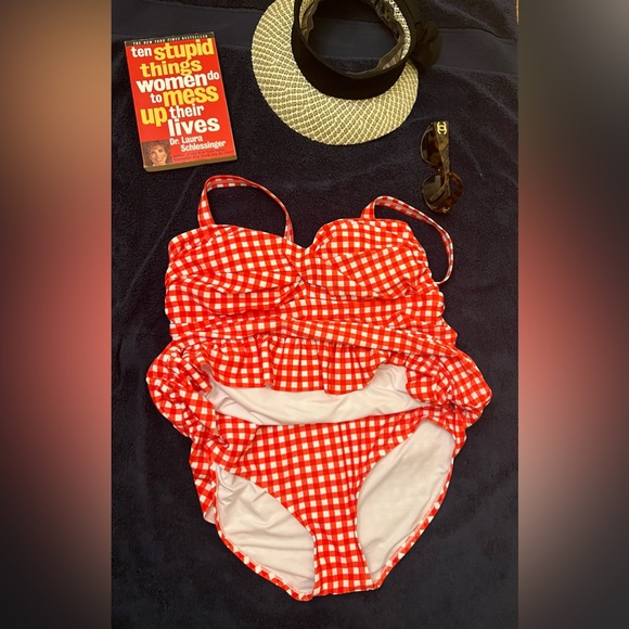 Crown & Ivy Red Gingham Bandeau One Piece Swimsuit with Tummy Control Womens 16W - Picture 3 of 6
